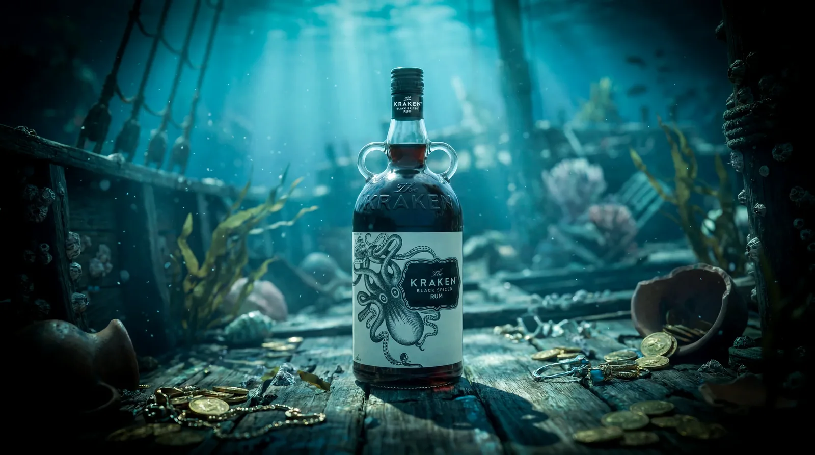 Kraken bottle on a sunken wreck